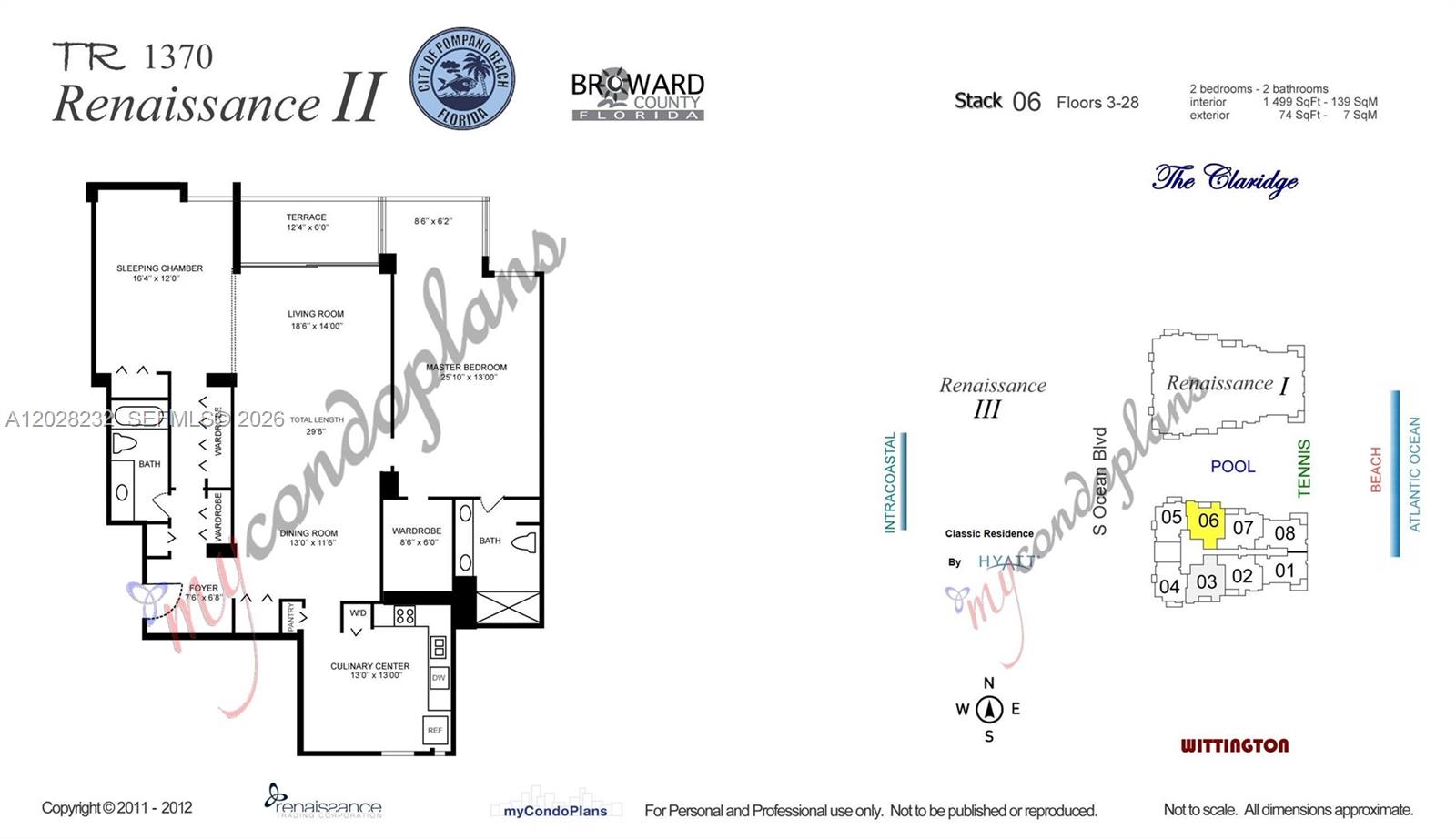 This floor plan shows a two-bedroom, two-bathroom residential unit with a terrace and kitchen — 1370 S Ocean Blvd # 1206, Pompano Beach FL 33062, POMPANO BEACH, FL