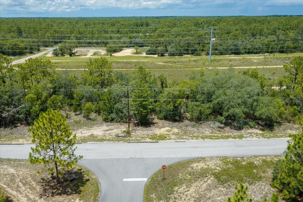 An aerial view shows a paved T-intersection bordered by trees and a utility easement — 6830 N SANDBORN LOOP, CITRUS SPRINGS, FL