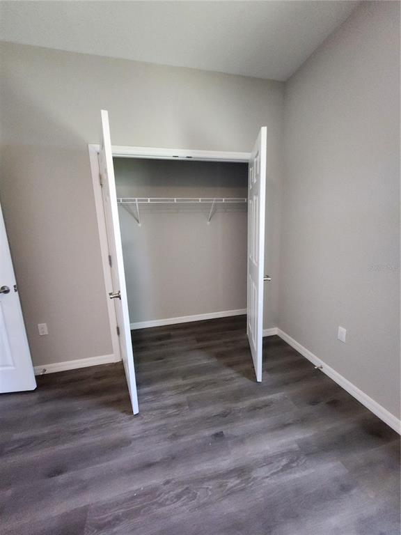 An empty bedroom features gray walls, dark wood-look flooring, and an open reach-in closet — 5016 FINDERS COURT, TAMPA, FL