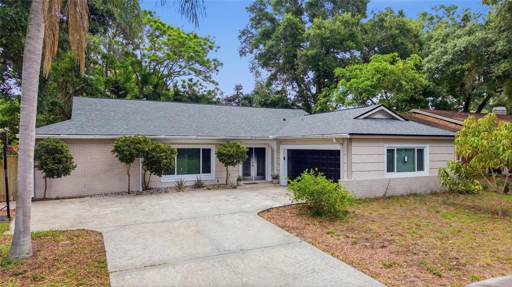 A single-story house with a gray roof, light-colored exterior, and a concrete driveway — 2447 GROVE RIDGE DRIVE, PALM HARBOR, FL