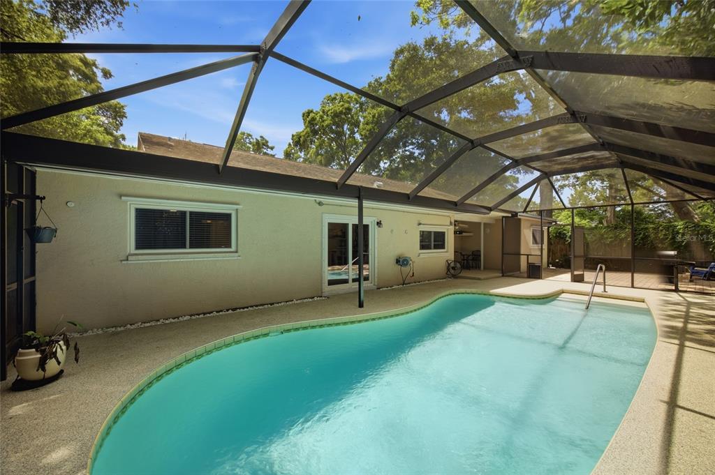 A backyard patio features a brick fire pit, a blue chair, and a screened pool enclosure — 2447 GROVE RIDGE DRIVE, PALM HARBOR, FL