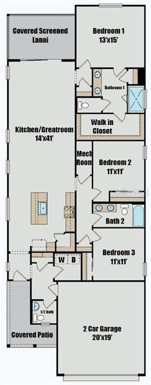 This is a floor plan for a three-bedroom home with a two-car garage and lanai — 2022 NW 44TH COURT ROAD, OCALA, FL