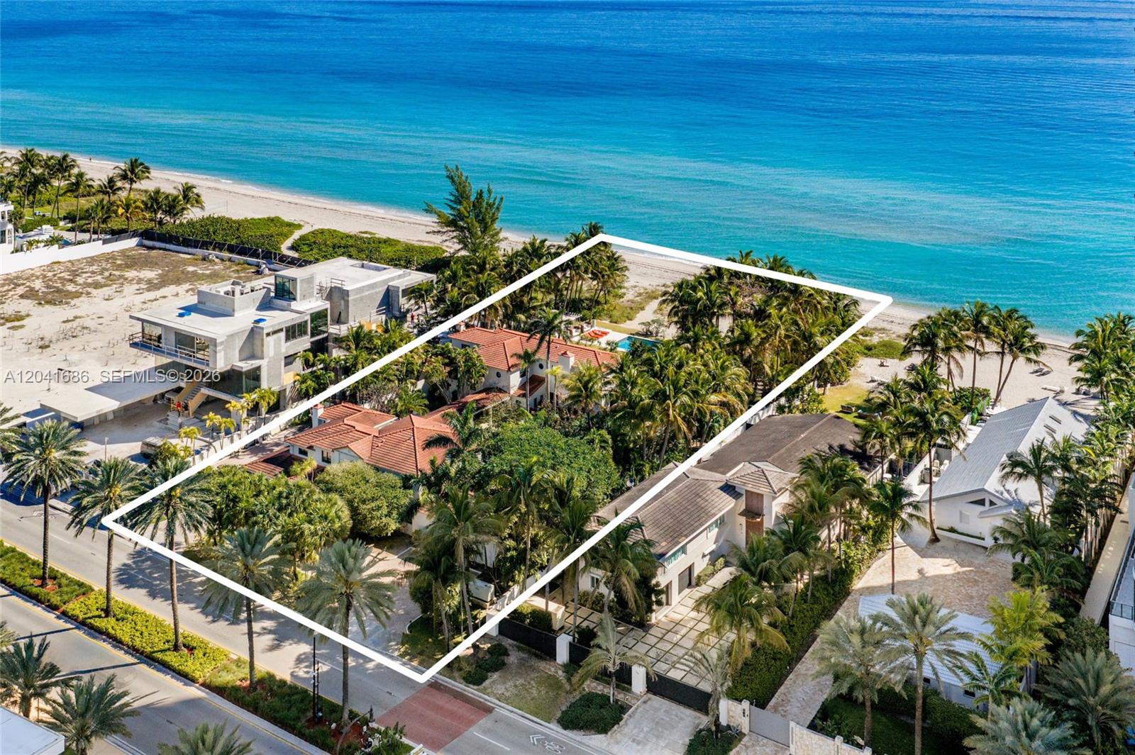 An aerial view shows a beachfront property with a house, pool, and palm trees — 115 Ocean Blvd, Golden Beach FL 33160, GOLDEN BEACH, FL