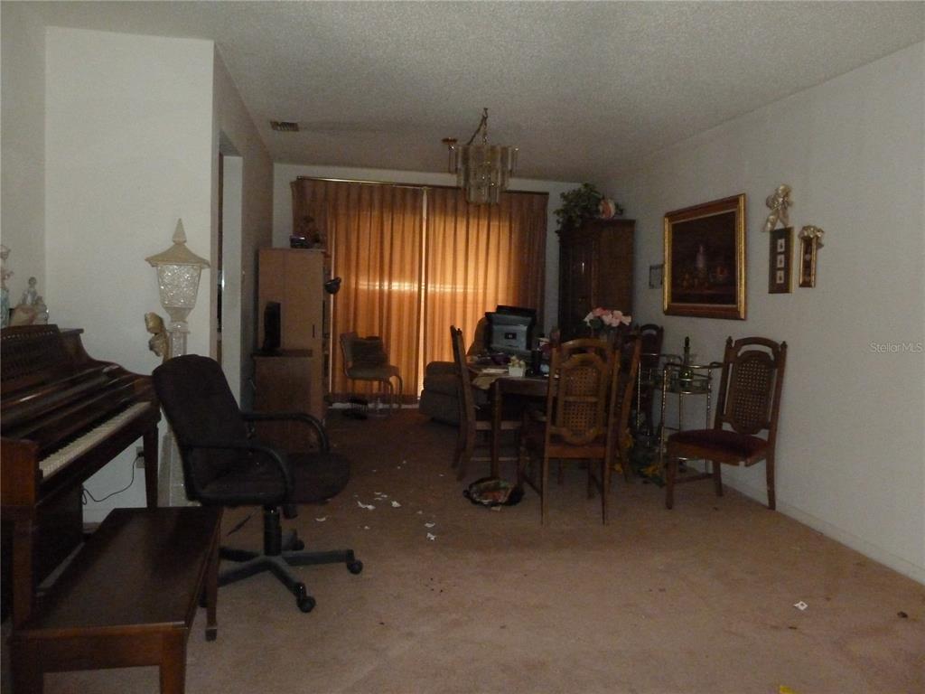 A living and dining area features a piano, carpeted floors, and a dining table set — 16224 SAWGRASS CIRCLE, TAMPA, FL