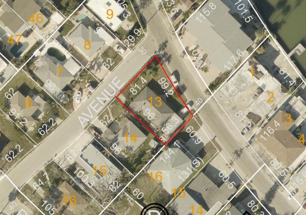 This is an aerial map showing property lot lines and dimensions for a residential neighborhood — 14268 N BAYSHORE DRIVE, MADEIRA BEACH, FL