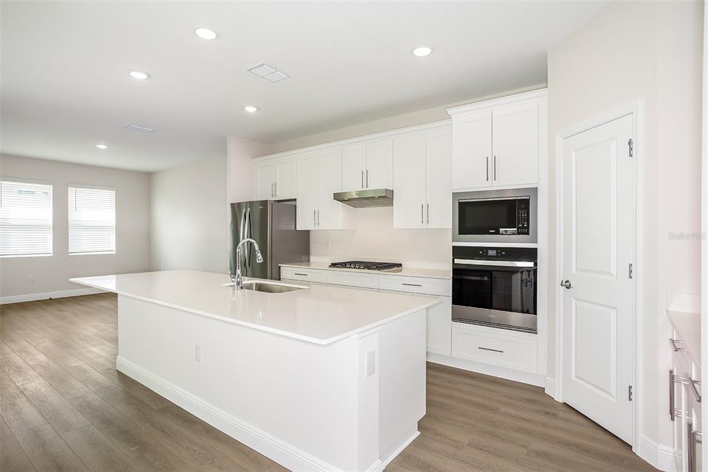 A modern kitchen features white cabinetry, stainless steel appliances, a large island, and wood-look flooring — 33577 TWILIGHT SEA PLACE, DADE CITY, FL