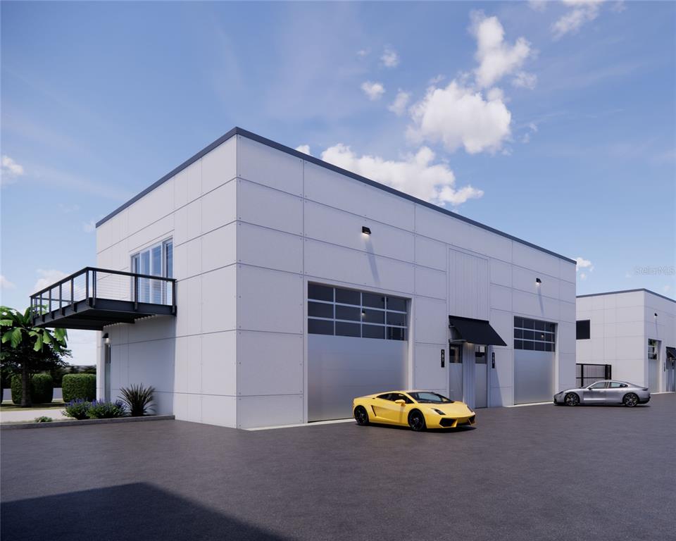This is a rendering of a modern industrial building with two garage doors and balconies — 7045 N TAMIAMI TRAIL UNIT 201, SARASOTA, FL