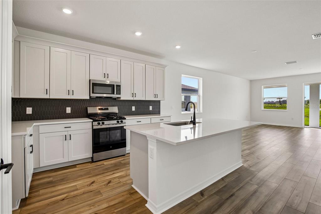 A modern kitchen features white cabinets, a central island, stainless steel appliances, and wood-look flooring — 13810 BERTRAND AVENUE, PALMETTO, FL