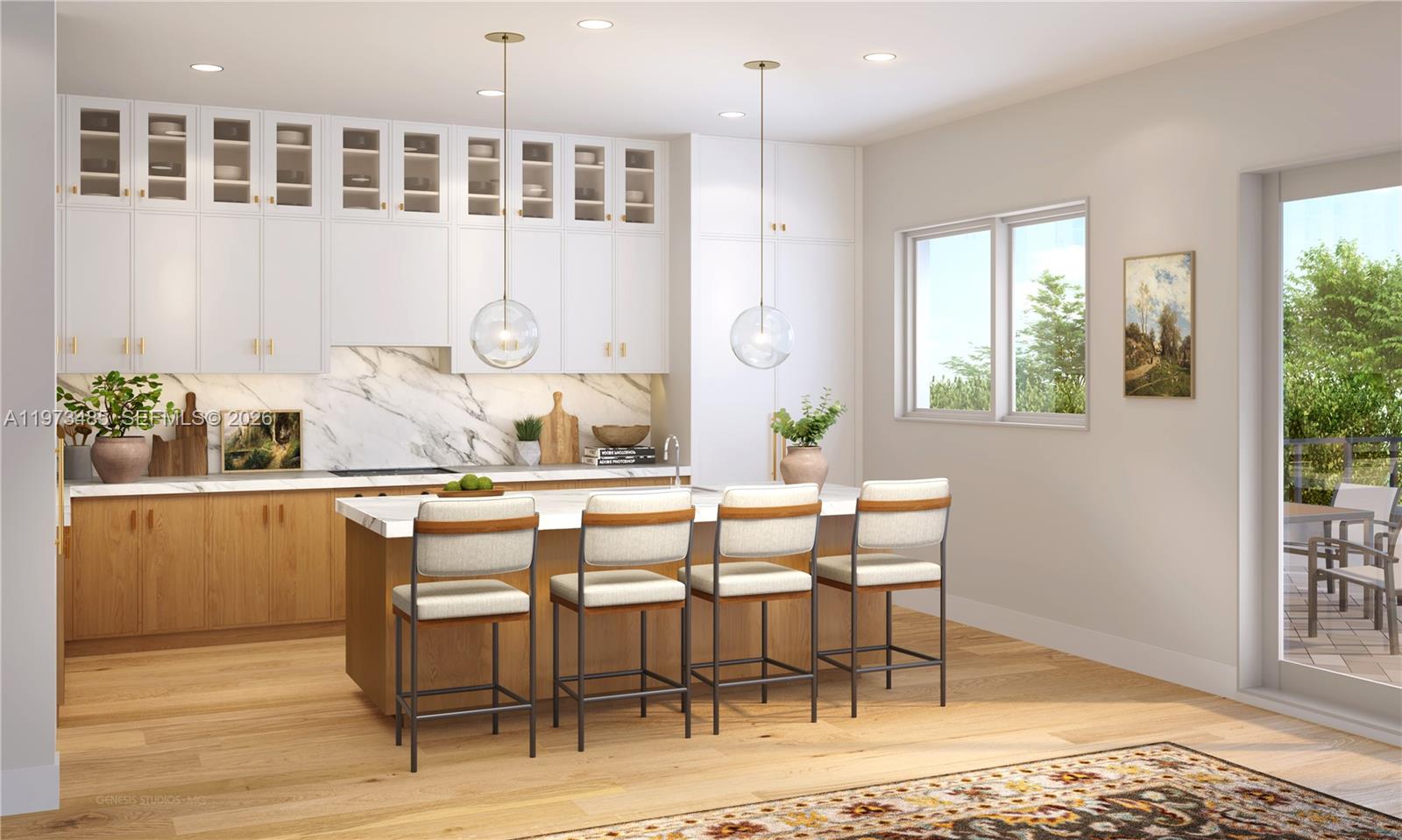 This is a rendering of a modern kitchen with white cabinets, wood base cabinets, and island — 6001 SW 35th St, Miami FL 33155, MIAMI, FL