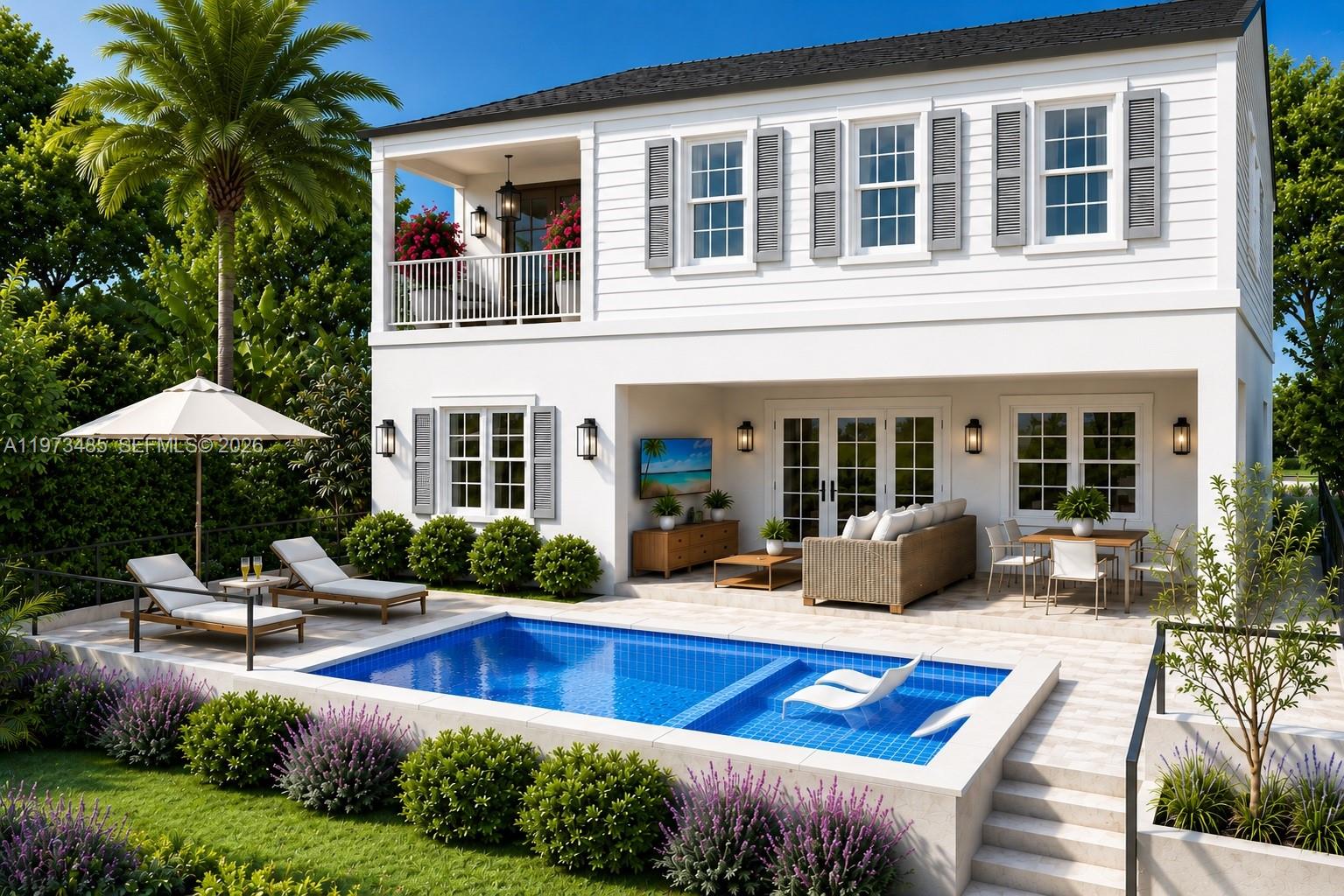 This is a rendering of a two-story house exterior featuring a pool and patio area — 6001 SW 35th St, Miami FL 33155, MIAMI, FL