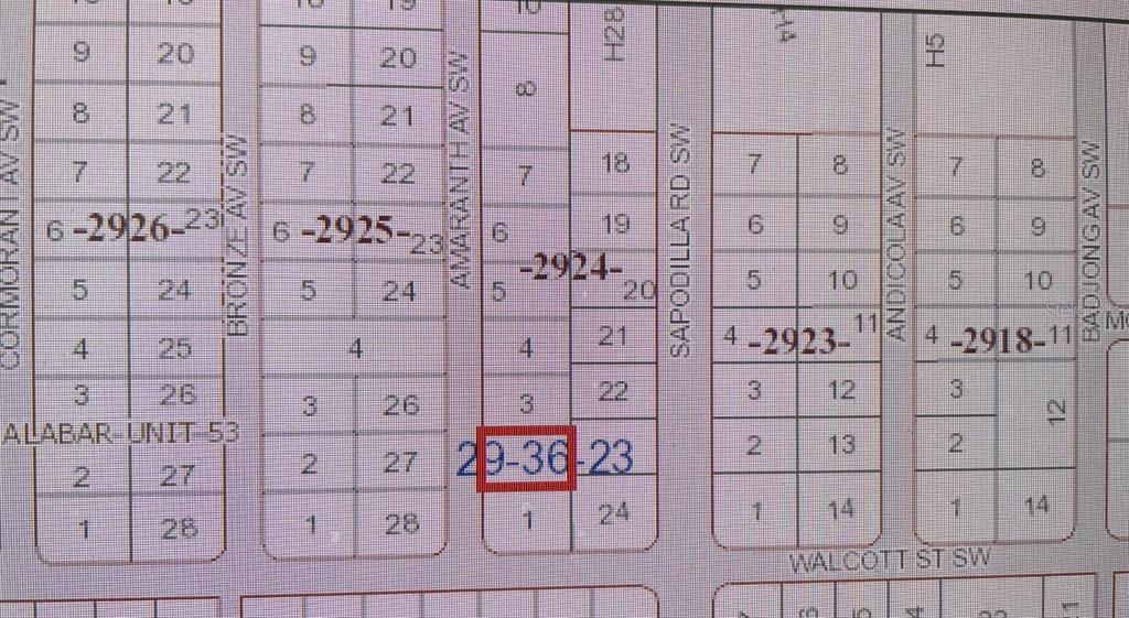 This is a map showing numbered land parcels and street names in a residential area — 1991 SW AMARANTH AVENUE SW, PALM BAY, FL