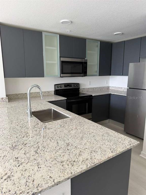 A kitchen features dark gray cabinets, granite countertops, stainless steel appliances, and a central island — 5579 MILLENIA PARK BOULEVARD UNIT 203, ORLANDO, FL