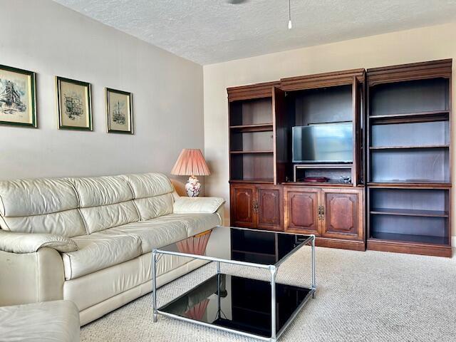 A living room features a white leather sofa, a glass coffee table, and wooden shelving — 715 Normandy O, Delray Beach FL 33484, DELRAY BEACH, FL