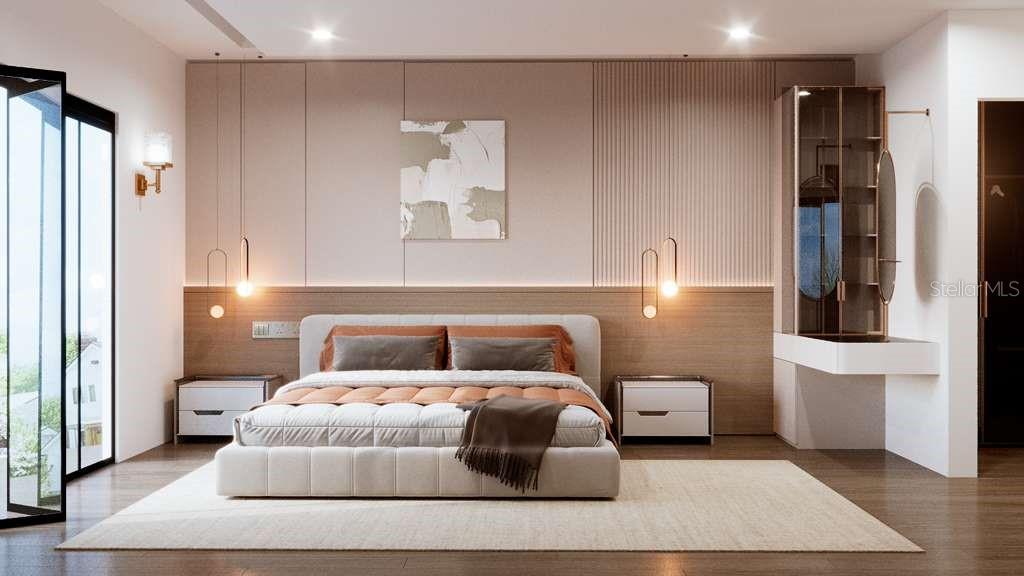 This rendering shows a modern bedroom with a tufted bed, wood paneling, and pendant lighting — TBD SW 129TH STREET, OCALA, FL