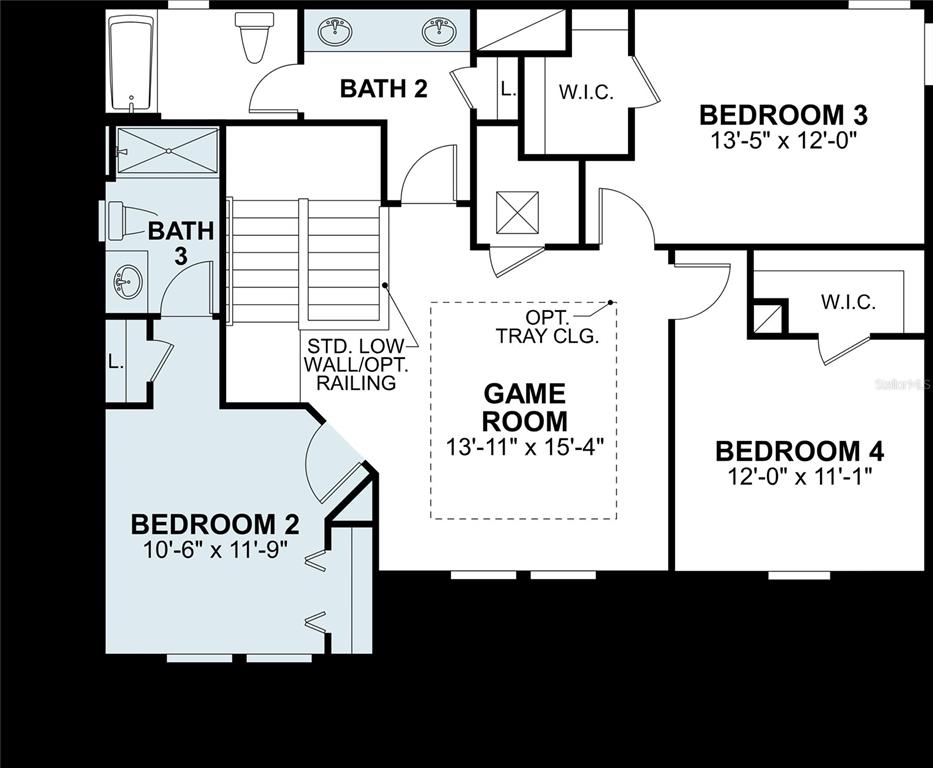 This is a floor plan of a second-floor layout featuring three bedrooms and a game room — 5639 MAYDALE AVENUE, WESLEY CHAPEL, FL