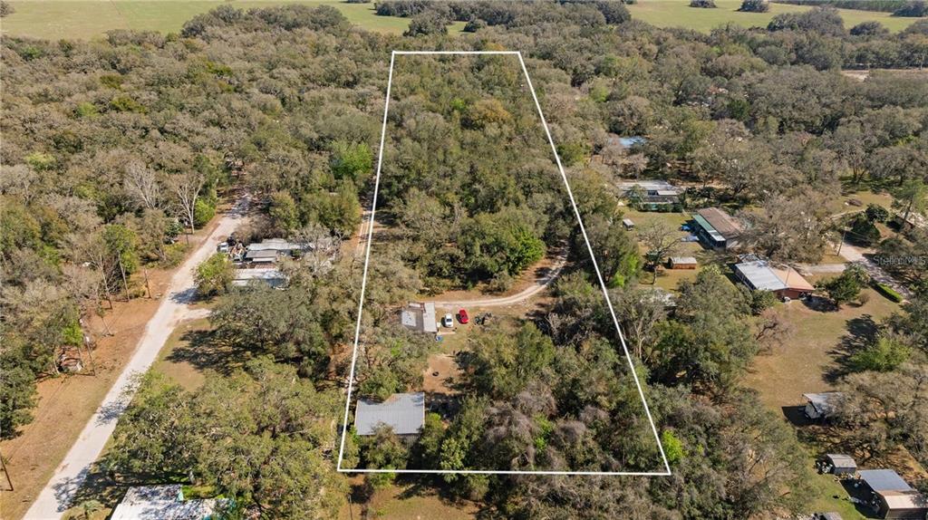 An aerial view shows a wooded lot with a house and outbuildings outlined in white — 20238 SHETLAND LANE, SPRING HILL, FL