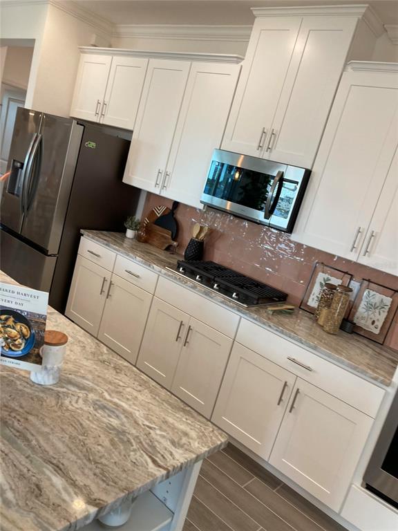 A kitchen features white cabinets, stainless steel appliances, and patterned stone countertops — 25584 CALUSA DRIVE, PUNTA GORDA, FL