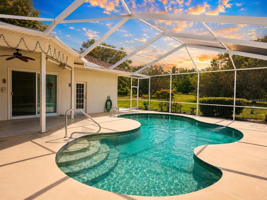 A screened-in swimming pool with steps sits on a patio next to a house — 48 N CRYSTAL MEADOW PATH, LECANTO, FL