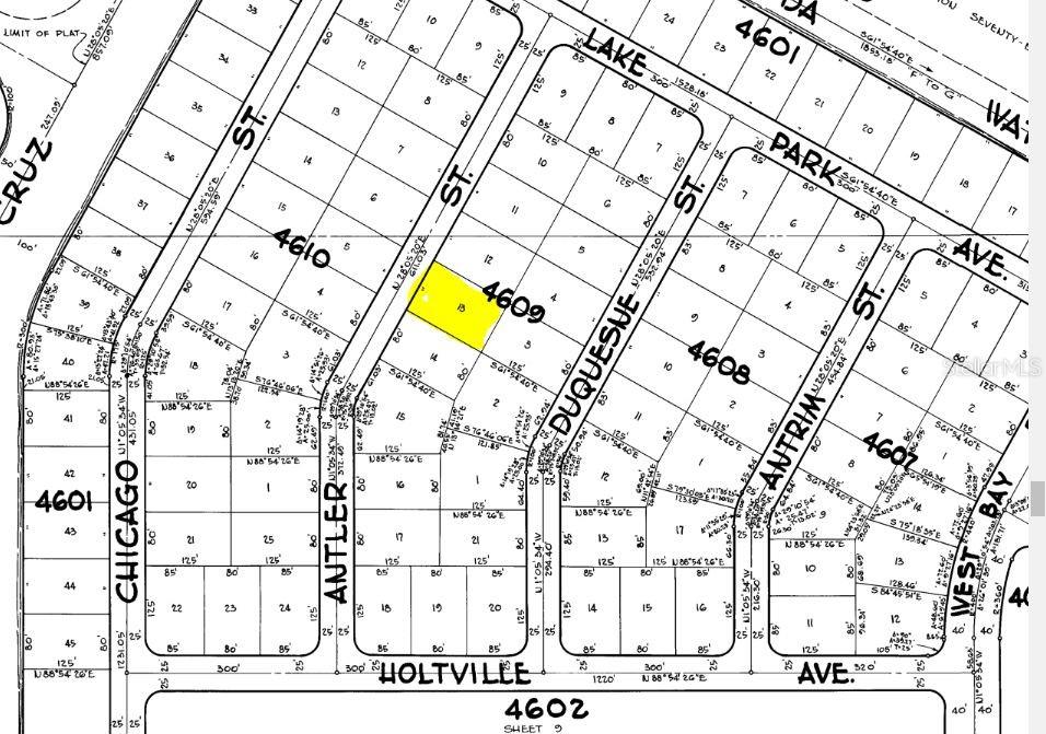 This is a plat map showing property lot lines and street layouts in a neighborhood — 10008 ANTLER STREET, PORT CHARLOTTE, FL