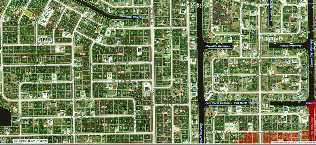 This is a map showing a residential neighborhood with numerous subdivided lots and street names — 10008 ANTLER STREET, PORT CHARLOTTE, FL