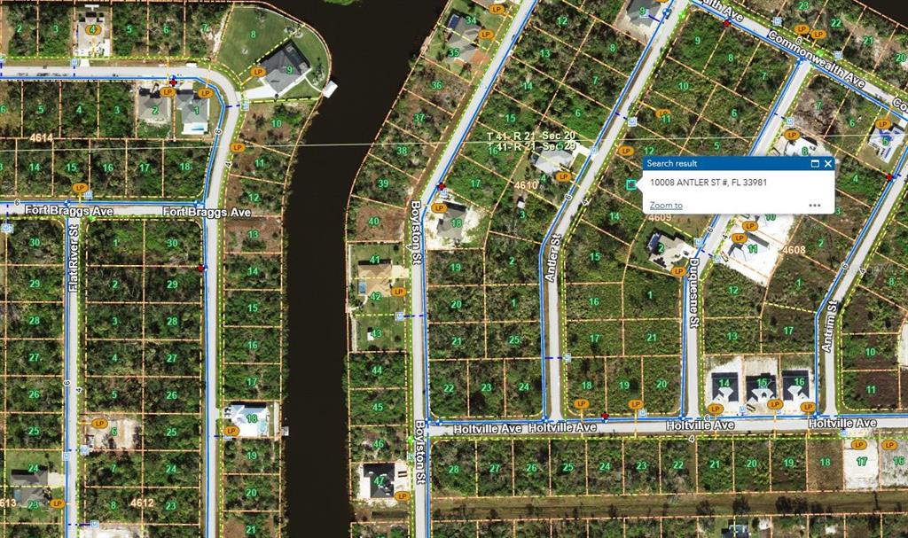 This is a satellite map view showing residential lots, streets, and property boundaries — 10008 ANTLER STREET, PORT CHARLOTTE, FL