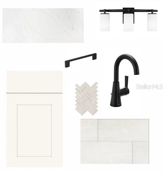 This is a design mood board featuring kitchen cabinetry, countertop, hardware, lighting, and tile samples — 6824 CHLOE COURT, SARASOTA, FL