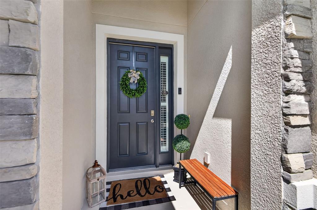 A front entryway features a dark door with a wreath, a bench, and a doormat — 8955 BOWER BASS CIRCLE, WESLEY CHAPEL, FL