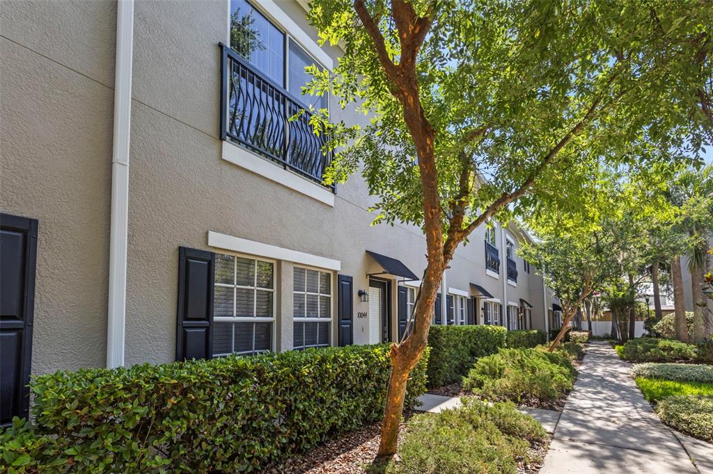 A multi-story townhouse exterior features beige stucco walls, black shutters, and a landscaped walkway — 10044 OLD HAVEN WAY, TAMPA, FL