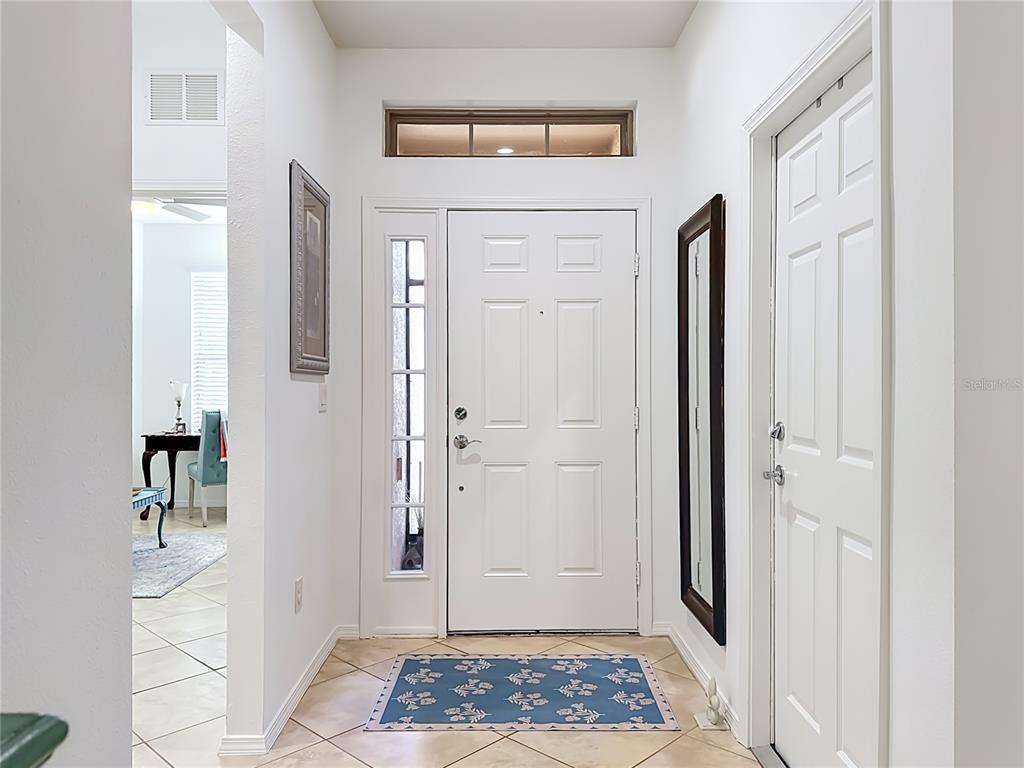 A bright entryway features a white front door with a sidelight, tile flooring, and a mirror — 5539 SUNSET FALLS DRIVE, APOLLO BEACH, FL