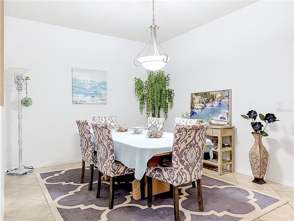 A dining room features a patterned rug, upholstered chairs, a light blue tablecloth, and artwork — 5539 SUNSET FALLS DRIVE, APOLLO BEACH, FL