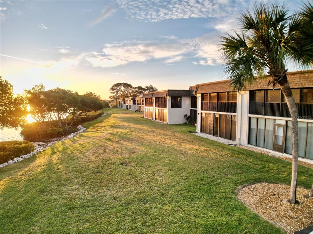 A grassy lawn stretches alongside a multi-unit residential building overlooking a body of water — 2980 HAINES BAYSHORE ROAD UNIT 124, CLEARWATER, FL