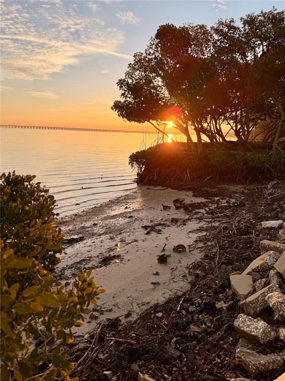 A sunset view over the water with a sandy shoreline, mangrove trees, and a distant bridge — 2980 HAINES BAYSHORE ROAD UNIT 124, CLEARWATER, FL