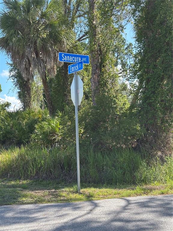 A street sign for Sanacure Avenue and Emrick Street stands beside a wooded area — CLOVELON STREET, NORTH PORT, FL