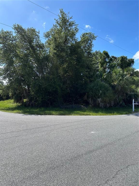 A vacant, wooded corner lot is bordered by an asphalt road under a blue sky — CLOVELON STREET, NORTH PORT, FL