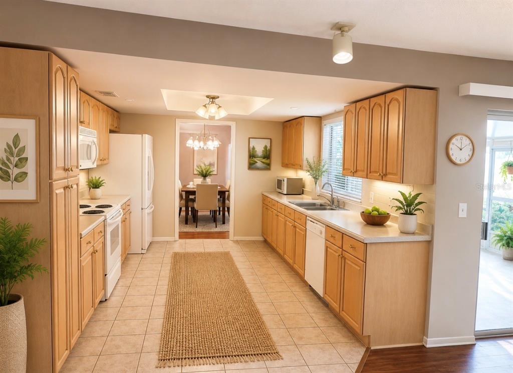 A kitchen with light wood cabinets, tile flooring, and a runner rug leads to a dining room — 1840 ASTER DRIVE, WINTER PARK, FL