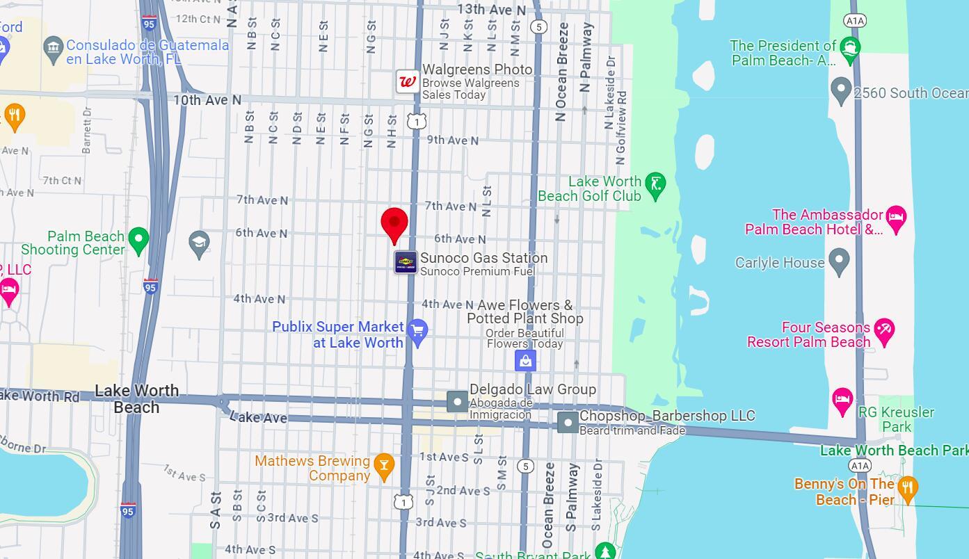 This is a map showing the streets and landmarks in Lake Worth Beach, Florida — 526 N H Street, FL 33460, FL