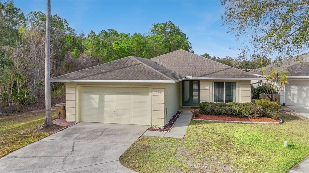 A single-story house with a beige stucco exterior, a two-car garage, and a shingled roof — 2901 SUNSET VISTA COURT, KISSIMMEE, FL