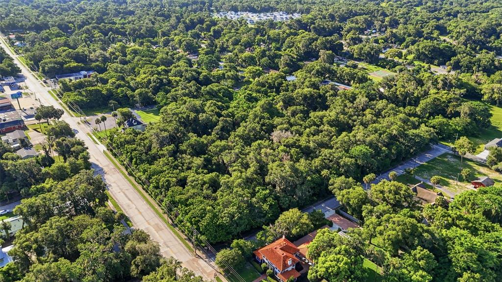 An aerial view shows a large, wooded lot situated between a road and residential properties — E NEW YORK AVENUE, DELAND, FL