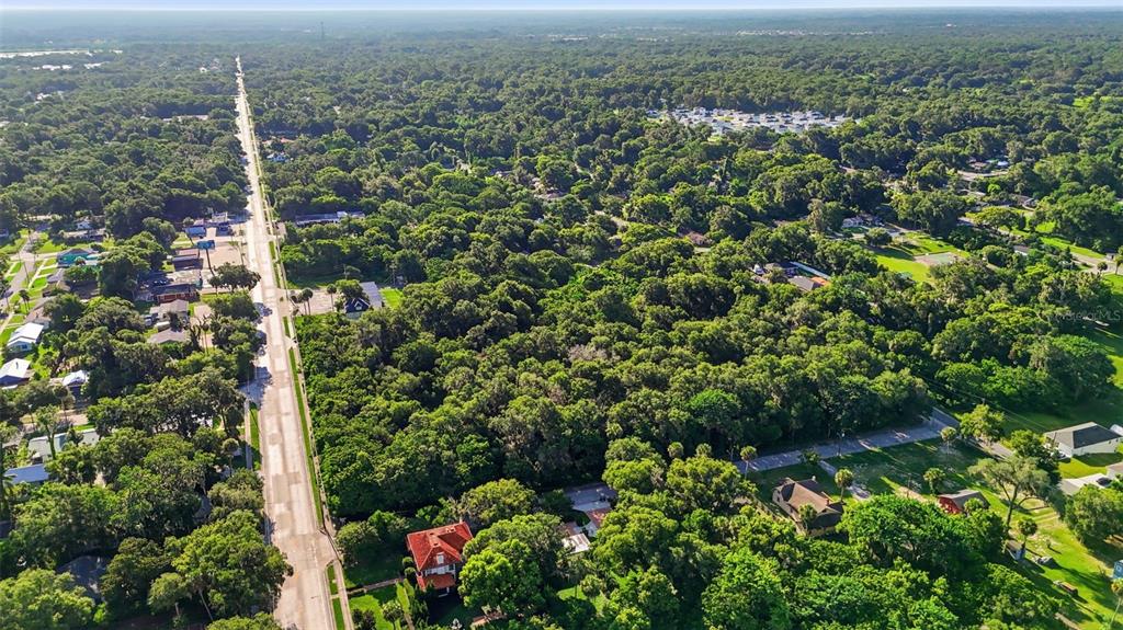 An aerial view shows a road running alongside a large, dense wooded area with houses — E NEW YORK AVENUE, DELAND, FL