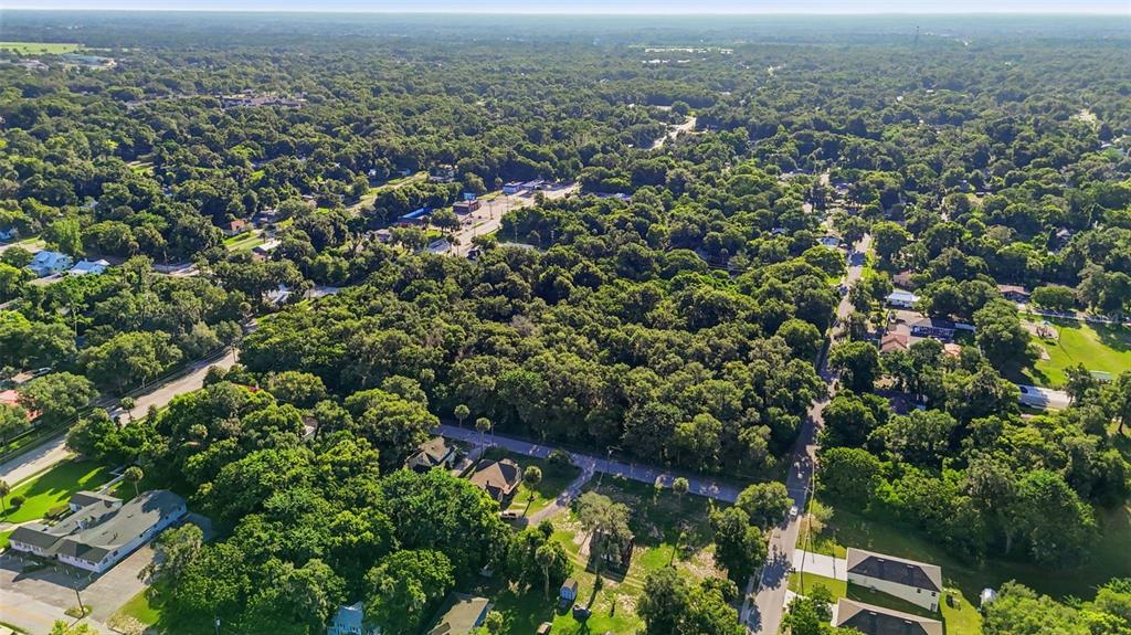 An aerial view shows a wooded residential area with scattered houses and paved roads — E NEW YORK AVENUE, DELAND, FL