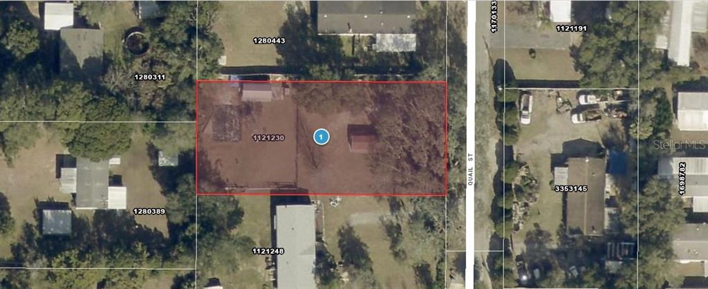 This is an aerial map showing a rectangular property lot outlined in red — 444 QUAIL STREET, LADY LAKE, FL