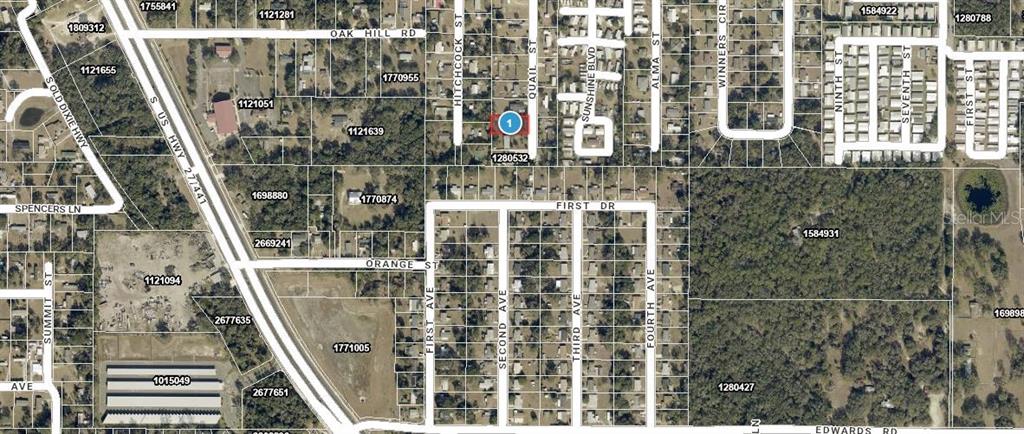 This is an aerial map showing property boundaries and street names in a residential area — 444 QUAIL STREET, LADY LAKE, FL