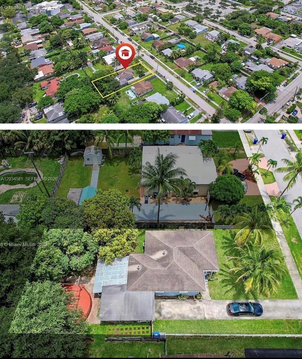 An aerial view shows a residential house with a large backyard, trees, and driveway — 2735 Dewey St, Hollywood FL 33020, HOLLYWOOD, FL