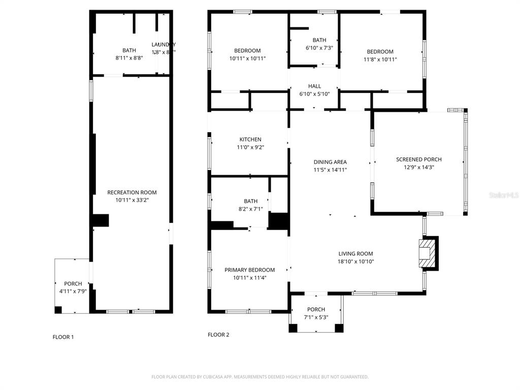 This is a two-level floor plan showing a recreation room, bedrooms, bathrooms, and porches — 213 JESSAMINE BOULEVARD, DAYTONA BEACH, FL