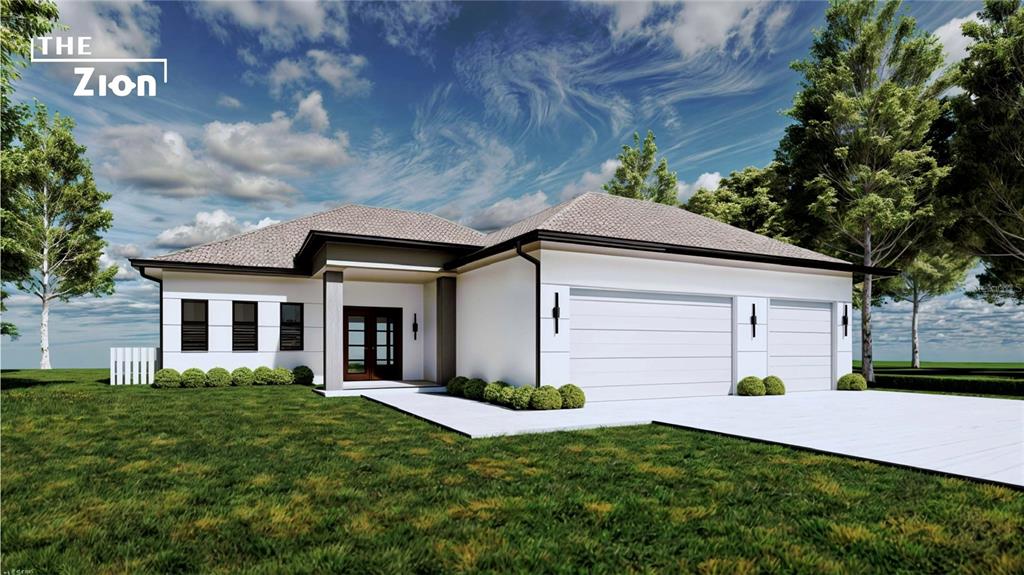 This is a digital rendering of a modern single-story house with a two-car garage — 8212 LEAFY WAY, PORT CHARLOTTE, FL