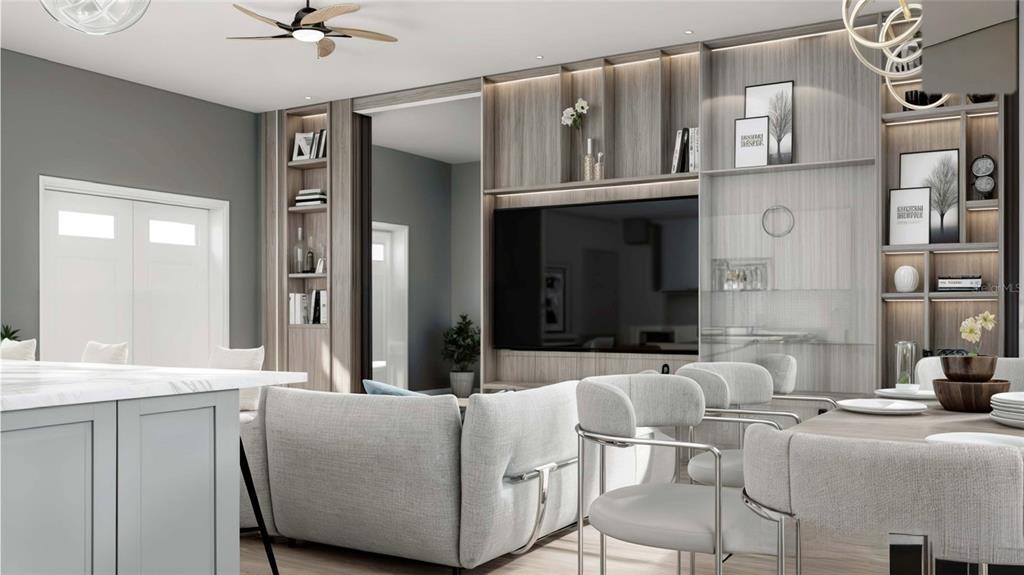 This is a rendering of a modern living and dining area with built-in shelving — 8212 LEAFY WAY, PORT CHARLOTTE, FL