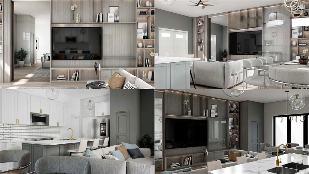 A collage showing interior renderings of a modern living room and kitchen with wood cabinetry — 8212 LEAFY WAY, PORT CHARLOTTE, FL
