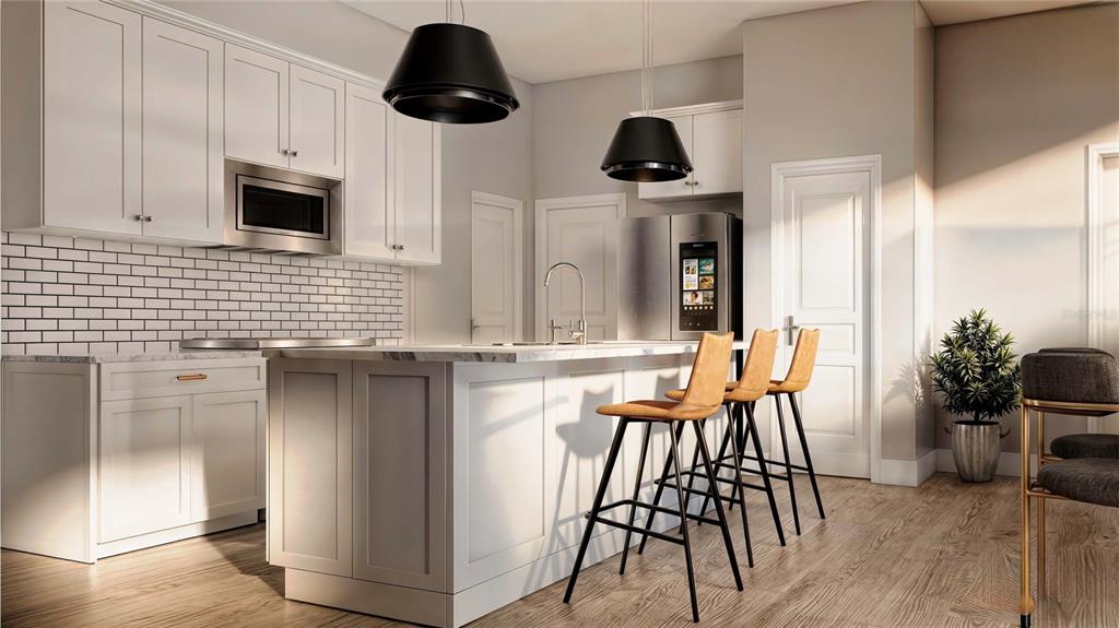 This is a rendering of a modern kitchen featuring white cabinets, an island, and stools — 8212 LEAFY WAY, PORT CHARLOTTE, FL