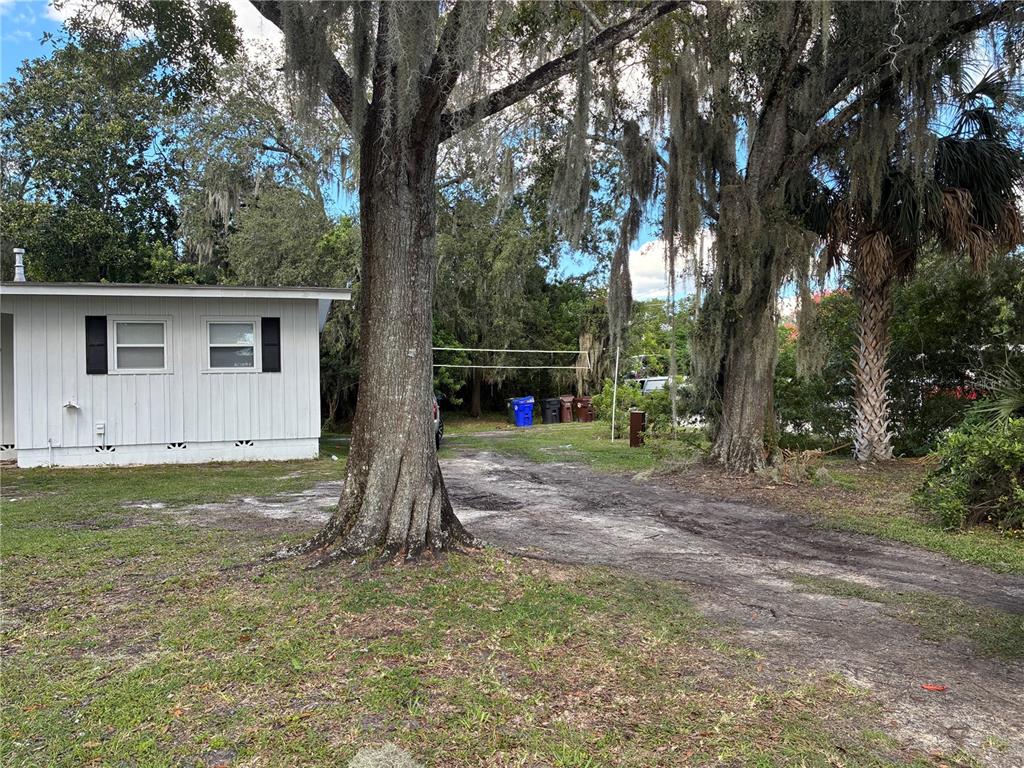 A white mobile home sits next to a dirt driveway shaded by large, mossy trees — 1905 EMMETT STREET, KISSIMMEE, FL