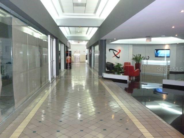 A commercial hallway features a tiled floor, glass-walled offices, and a reception area with seating — 107 GONZALEZ GUISTI AVE., GUAYNABO, PR